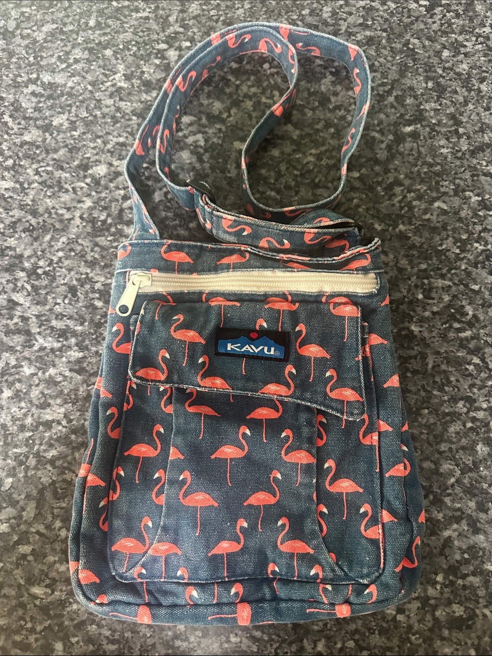 Kavu Navy Crossbody with Coral Flamingo Print